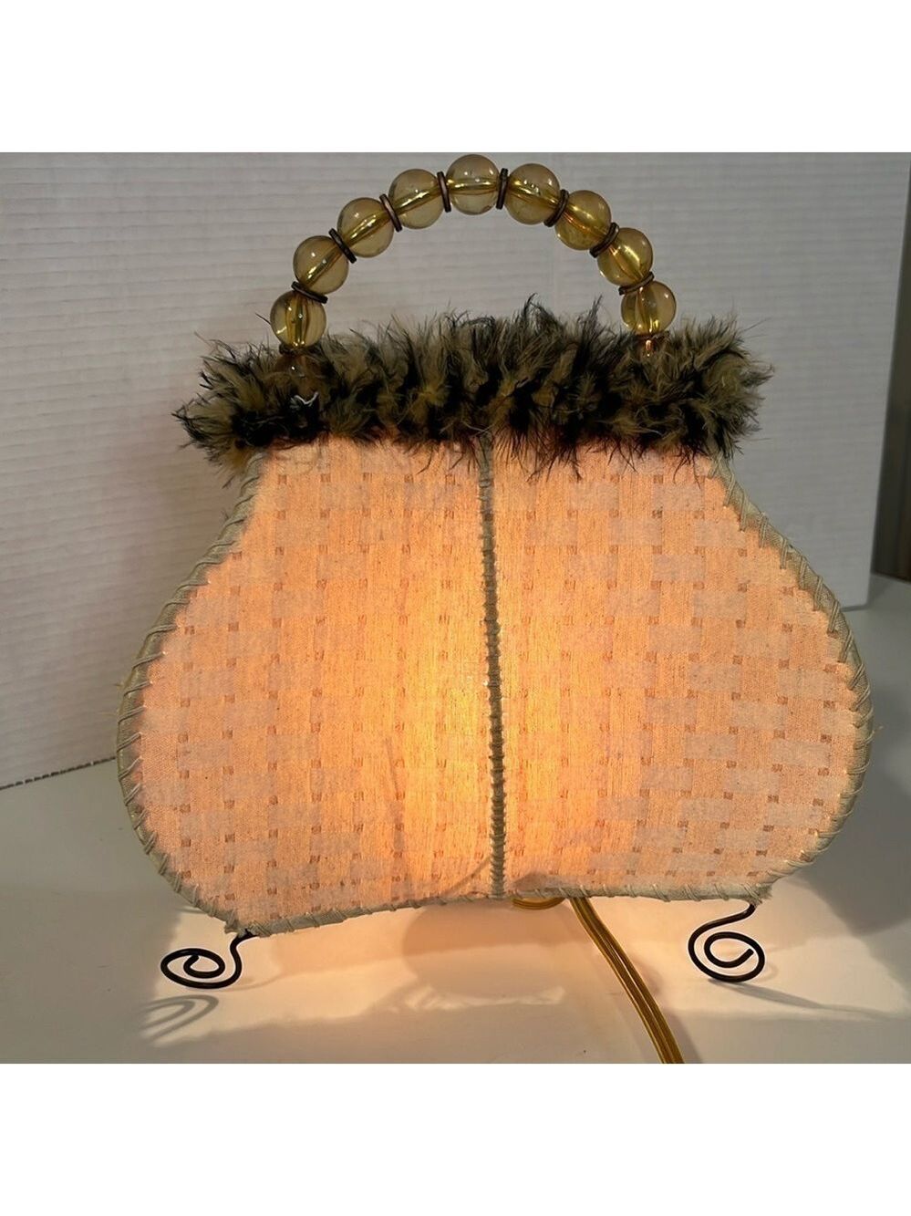 VINTAGE FABRIC PURSE LAMP WITH FEATHERS night light